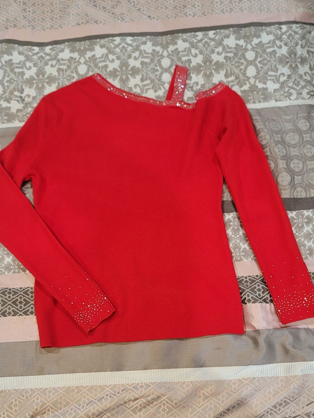 Red Embellished One-Shoulder Long Sleeve Blouse